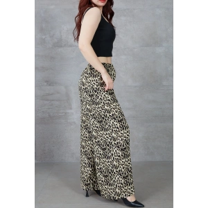 Kadın Leopar Desenli Rahat Kalıp Bol Paça Salaş Pantolon