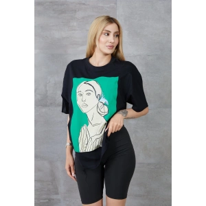 Kadın Silüet Baskılı Bisiklet Yaka Oversize T-shirt