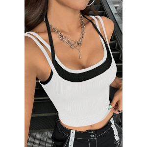 Kadın Siyah Beyaz Çift Renk Çapraz Askılı Crop Top Bluz