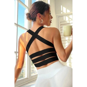 Kadın Siyah Sırtı Çapraz Lastik Detaylı Crop Top Bluz