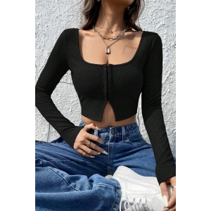 Kadın Siyah Uzun Kollu Agraflı Göğüs ve Göbek Dekolteli Crop Top Bluz