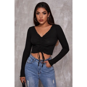 Kadın Siyah Uzun Kollu Büzdürme Bağcık Detaylı Crop Top Bluz