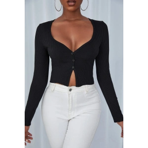 Kadın Siyah Uzun Kollu Düğmeli Göğüs ve Göbek Dekolteli Crop Top Bluz