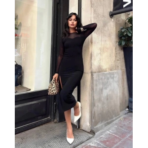 Kadın tül detaylı midi boy yırtmaçlı elbise