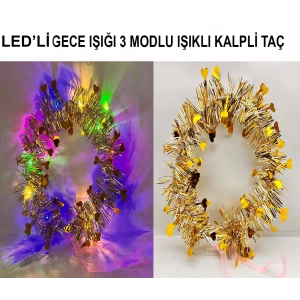 Kalp Püsküllü Gece Parıltısı 3 Modlu LED'li Işıklı Taç Altın Renk
