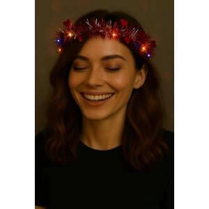 Kalp Püsküllü Gece Parıltısı 3 Modlu LED'li Işıklı Taç Kırmızı Renk