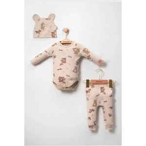 Karaca Desenli % 100 Pamuk 3lü Şapkalı Erkek Bebek Takım