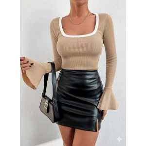 Kare yaka garni detay ispanyol kol bluz bej