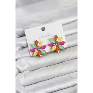 Karışık Renk Kristal Taşlı Lotus Çiçek Model Kadın Küpe