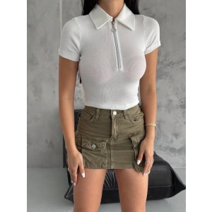 kaşkorse yaka fermuarlı bluz beyaz