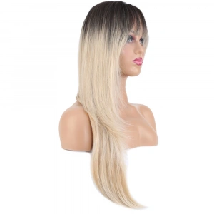 Katlı Kesim Perçemli Düz Fiber Sen Uzun Boy Peruk / Kahve / Platin Ombre ve Röfleli