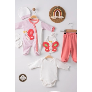 Kelebek Nakışlı Puanlı Tulumlu % 100 Pamuk Kız Bebek 5li Set