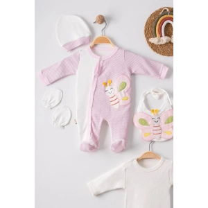 Kelebek Nakışlı Puanlı Tulumlu % 100 Pamuk Kız Bebek 5li Set