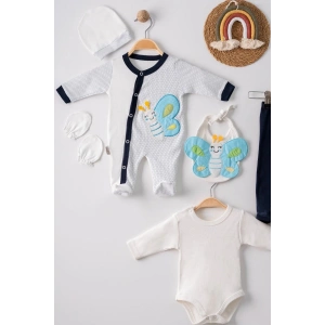 Kelebek Nakışlı Tulumlu % 100 Pamuk Erkek Bebek 5li Set