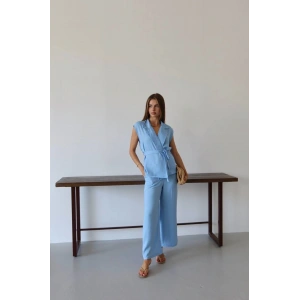 Keten yelek pantolon takım mavi pt