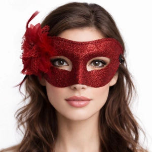 Kırmızı Simli Tüylü B Maskesi – Kadın Parti & Maskeli B Maskesi
