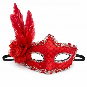 Kırmızı Tüylü Venedik Lüks B Maskesi