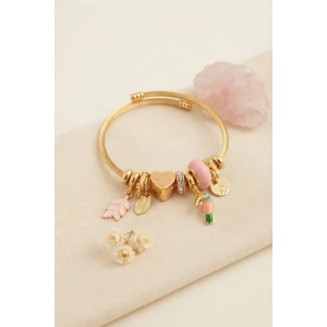 Kuş Figürlü Pembe Charmlı Gold Renk Bileklik