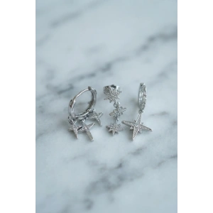 Kutup Yıldızı Model Gümüş Renk 3 lü Küpe Set