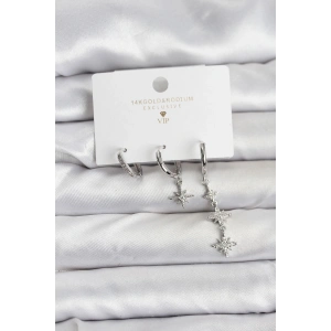 Kutup Yıldızı Model Gümüş Renk Pirinç 3lü Kadın Küpe Seti