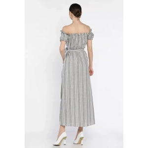 Madonna yaka midi yırtmaçlı kuşaklı keten elbise