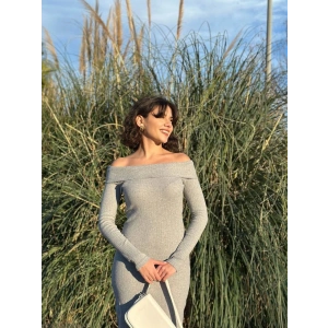 Madonna yaka uzun elbise şardonlu kumaş gri