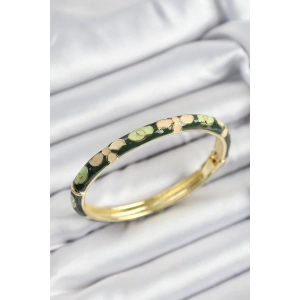 Mineli Pirinç Krem Ve Yeşil Çiçek Motifli Gold Renk Kadın Kelepçe