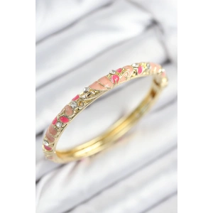 Mineli Pirinç Zirkon Taşlı Pembe Çiçek Motifli Gold Kadın Kelepçe