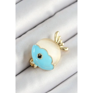 Mineli Turkuaz Ve Krem Balık Figürlü Gold Renk Kadın Broş