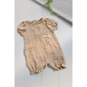 Müslin Kumaş Çiçek Nakışlı Pamuklu Kız Bebek Tulum