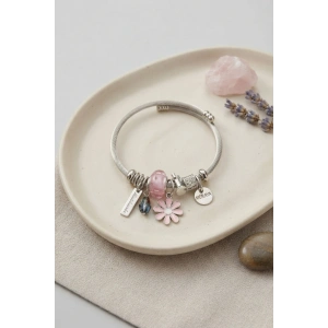 Pembe Papatya Charmlı Gümüş Renk Bileklik