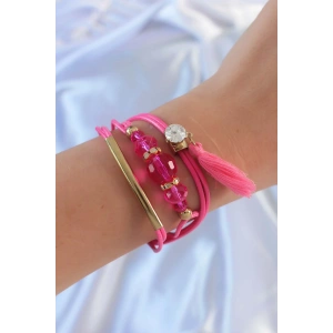 Pembe Zirkon Taşlı İpli Püskül Detay Çoklu Bileklik