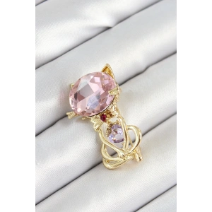 Pembe Zirkon Taşlı Kap Detaylı Kedi Figürlü Gold Renk Kadın Broş
