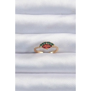 Pirinç Altın Renk Renkli Zirkon Taşlı Ayarlanabilir Karpuz Model Yüzük