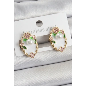 Pirinç Beyaz Mineli İnci Detaylı Sanatsal Portre Model Gold Renk Kadın Küpe