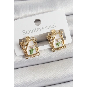 Pirinç Beyaz Mineli Sanatsal Portre Model Gold Renk Kadın Küpe