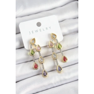 Pirinç Çoklu Damla Model Karşık Zirkon Taşlı Gold Ve Gümüş Renk Kadın Küpe