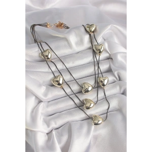 Pirinç Füme Renk Zincir 3D Gold Renk Kalp Model Kadın Kolye