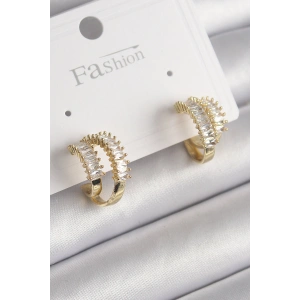 Pirinç Gold Renk 2Li Zirkon Taşlı Halka Model Kadın Küpe