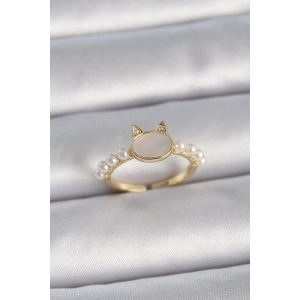 Pirinç Gold Renk Ayarlanabilir Beyaz Mineli Kedi Model İnci Detay Kadın Yüzük