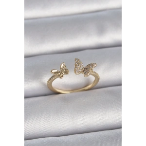 Pirinç Gold Renk Ayarlanabilir Zirkon Taşlı Kelebek Model Kadın Yüzük