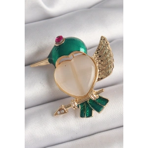 Pirinç Gold Renk Beyaz Mineli Kalp Yeşil Sinek Kuşu Model Pembe Zirkon Taş Detay Kadın Broş