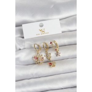 Pirinç Gold Renk Çiçek Model 3lü Kadın Küpe