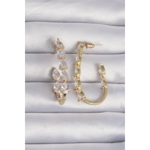 Pirinç Gold Renk Damla Zirkon Taş Tasarımlı Küpe