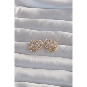 Pirinç Gold Renk Fiyonk Detay İncili Zirkon Taşlı Kalp Küpe