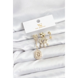 Pirinç Gold Renk Göz ve Kutup Yıldızı Model YSX Trio Küpe Seti