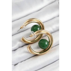 Pirinç Gold Renk Halka Model Yeşil Boncuk Detay Kadın Küpe
