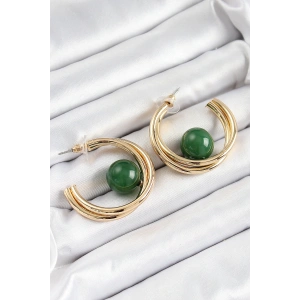 Pirinç Gold Renk Halka Model Yeşil Boncuk Detay Kadın Küpe