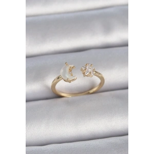 Pirinç Gold Renk İncili Hilal Zirkon Taşlı Yıldız Ayarlanabilir Model Kadın Yüzük
