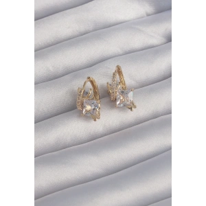 Pirinç Gold Renk İri Zirkon Taşlı Kıvrımlı Minimal Kelebekli Halka Küpe